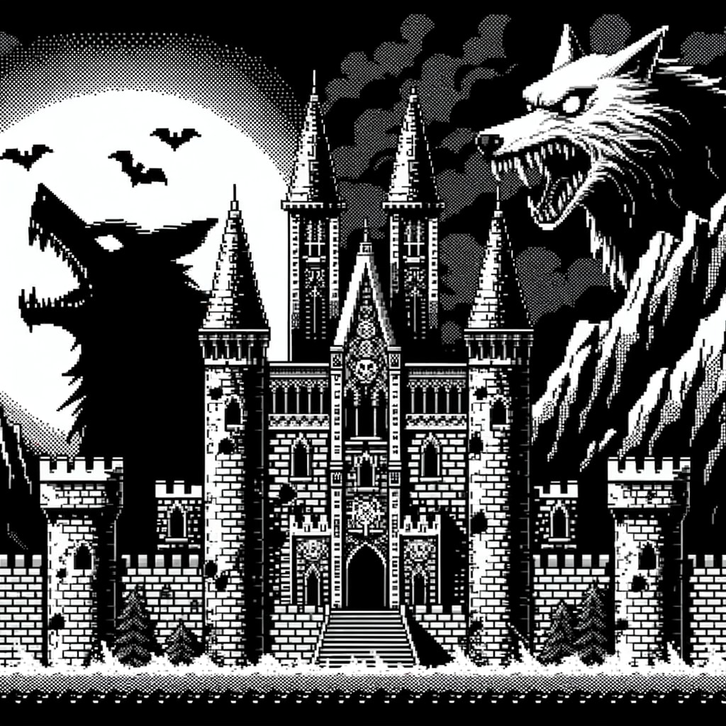 配图由 AI DALL-E-3 “复古像素单色风格，城墙画有狼的恐怖魔王城堡”生成