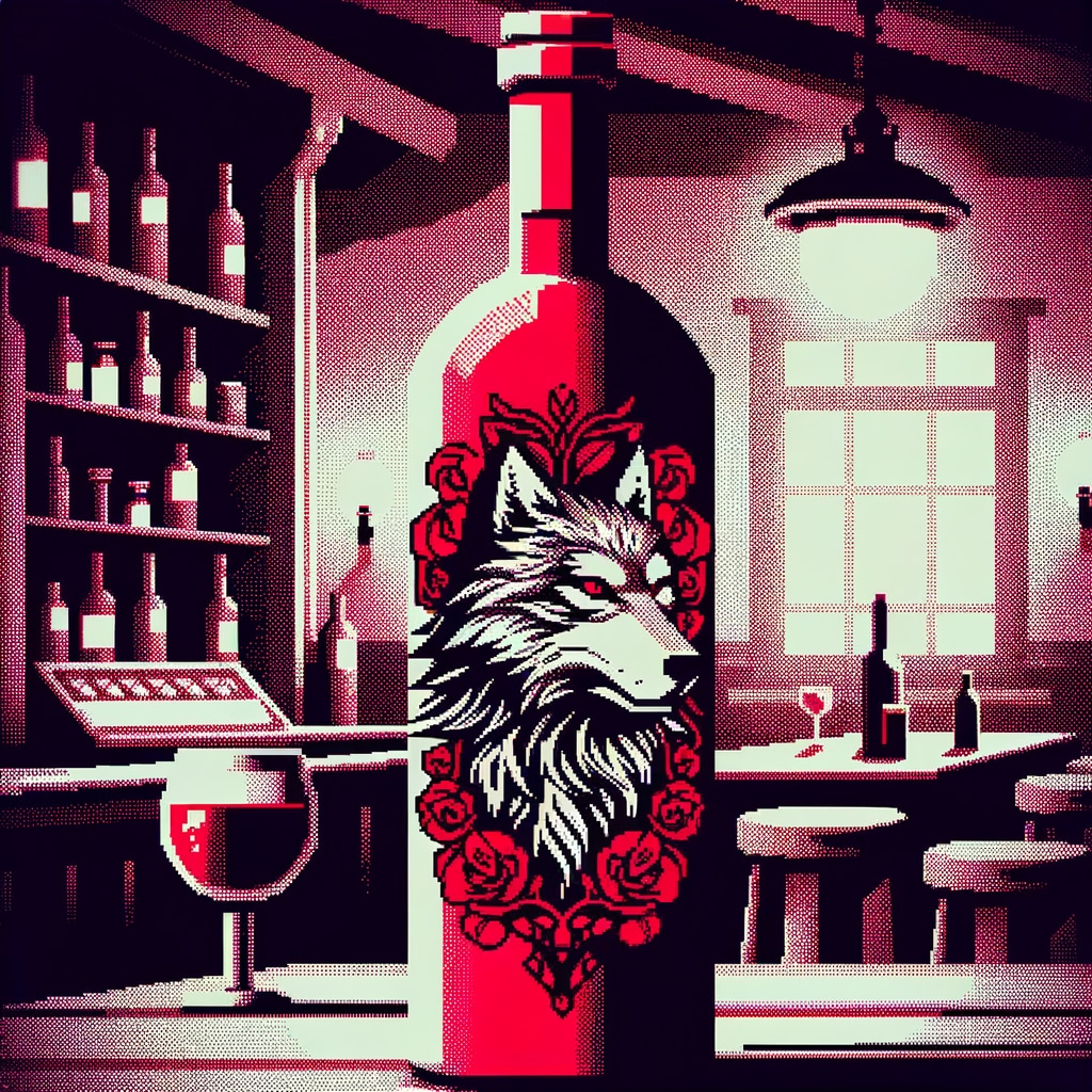 配图由 AI DALL-E-3 “复古怀旧像素单色风格，酒吧里，画有狼头的鲜血红酒瓶”生成
